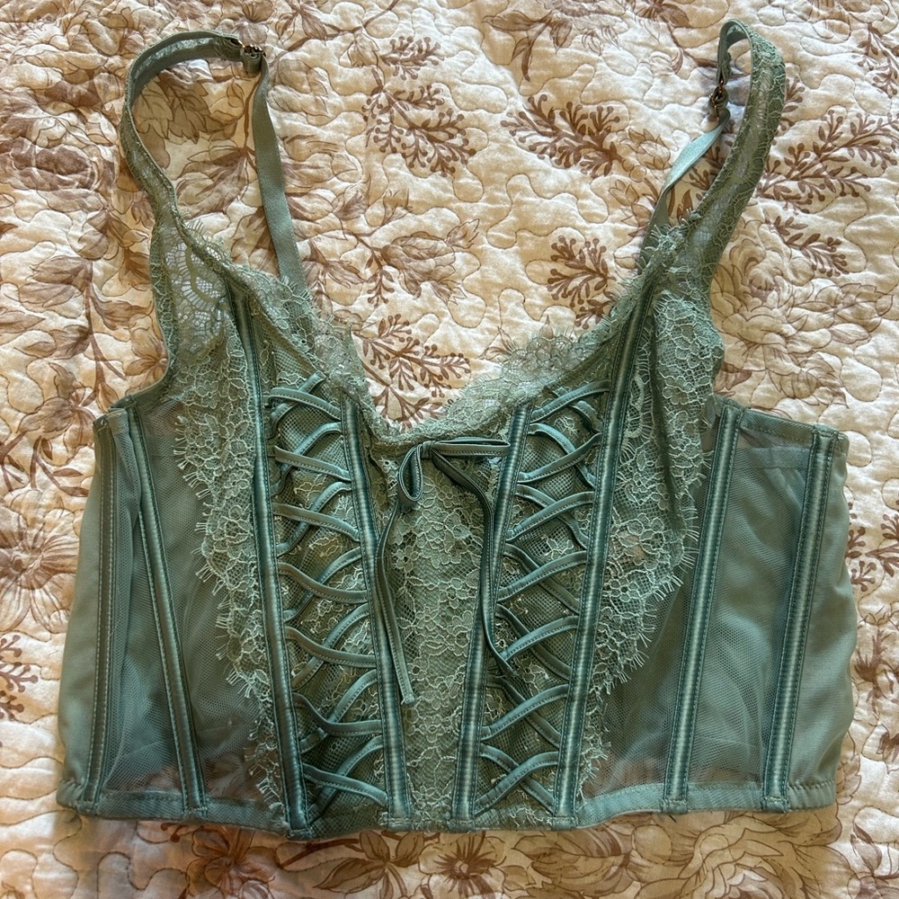 Victoria Secret Unlined Lace Corset Top Sagey Blue/green color